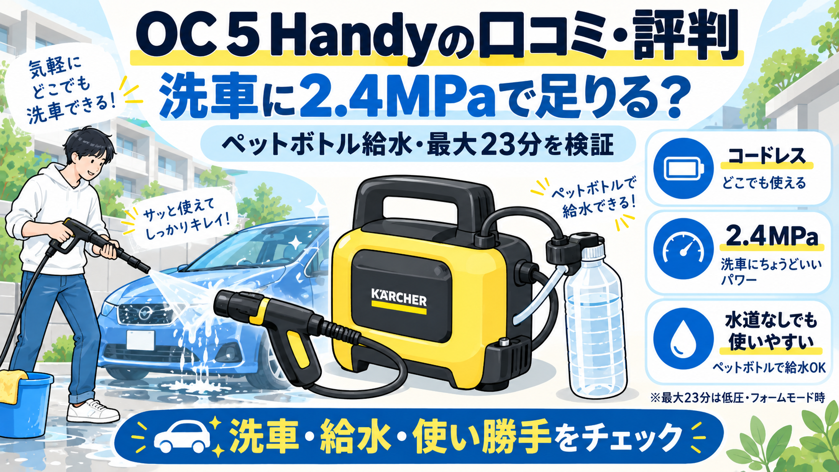 OC 5 Handyの口コミ・評判｜洗車に2.4MPaで足りる？ペットボトル給水・最大23分を検証