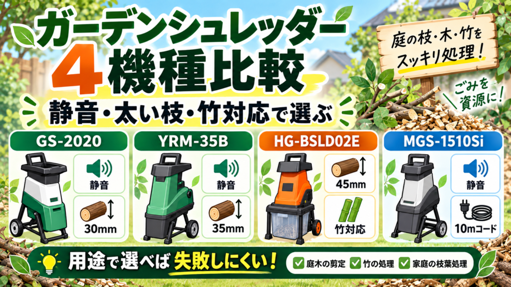 ガーデンシュレッダー4機種を比較｜GS-2020・YRM-35B・HG-BSLD02E・MGS-1510Siはどれを選ぶ？