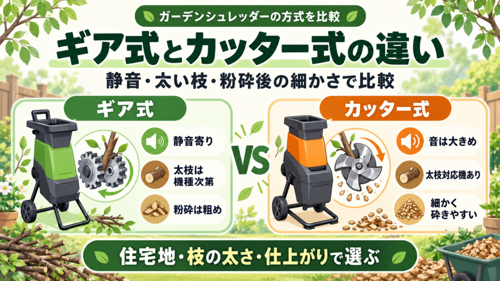 ガーデンシュレッダーのギア式とカッター式の違い｜静音・太い枝・粉砕後の細かさで比較