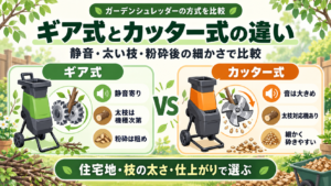 ガーデンシュレッダーのギア式とカッター式の違い｜静音・太い枝・粉砕後の細かさで比較