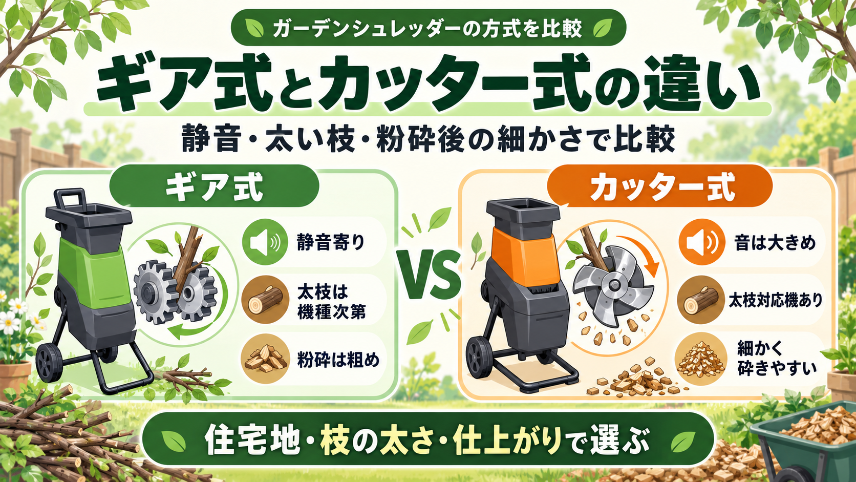 ガーデンシュレッダーのギア式とカッター式の違い｜静音・太い枝・粉砕後の細かさで比較