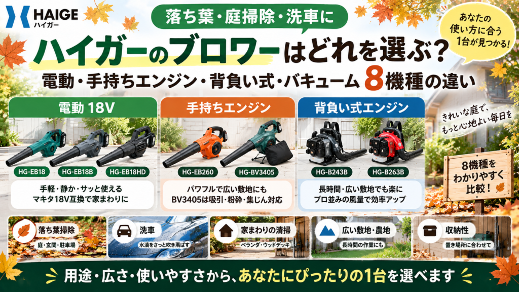 ハイガーのブロワーはどれを選ぶ？電動・手持ちエンジン・背負い式・バキューム8機種の違い